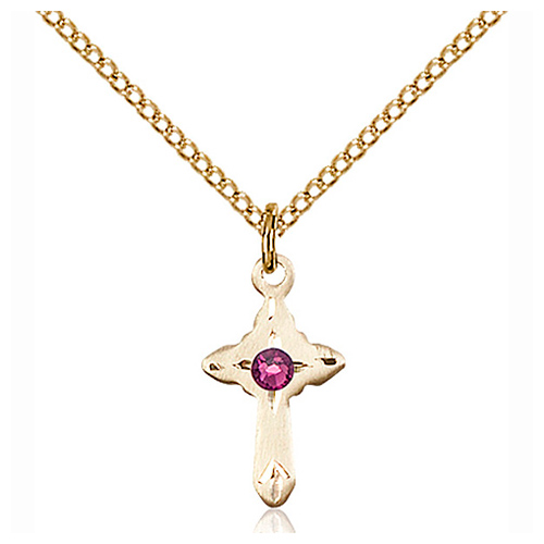 Gold Filled 5/8in Cross Pendant with 3mm Amethyst Bead & 18in Chain