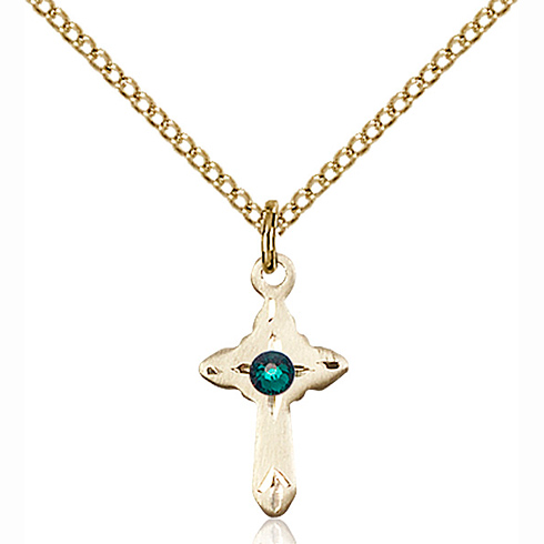 Gold Filled 5/8in Cross Pendant with 3mm Emerald Bead & 18in Chain