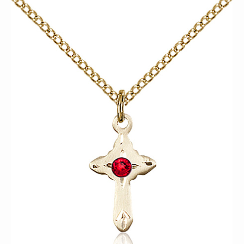 Gold Filled 5/8in Cross Pendant with 3mm Ruby Bead & 18in Chain