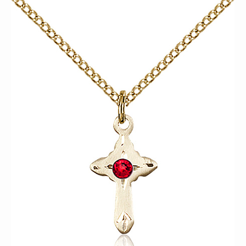 Gold Filled 5/8in Cross Pendant with 3mm Ruby Bead & 18in Chain 2525GF ...