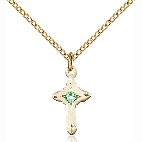 Gold Filled 5/8in Cross Pendant with 3mm Peridot Bead & 18in Chain