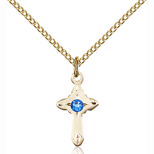 Gold Filled 5/8in Cross Pendant with 3mm Sapphire Bead & 18in Chain