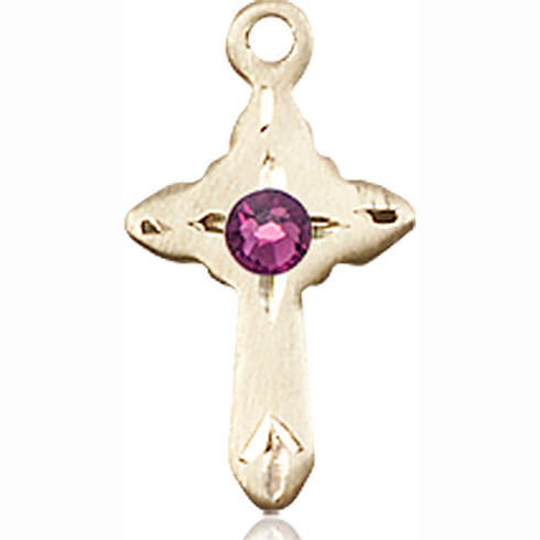 14kt Yellow Gold 5/8in Cross Pendant with 3mm Amethyst Bead