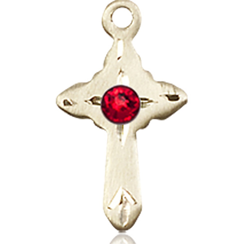 14kt Yellow Gold 5/8in Cross Pendant with 3mm Ruby Bead