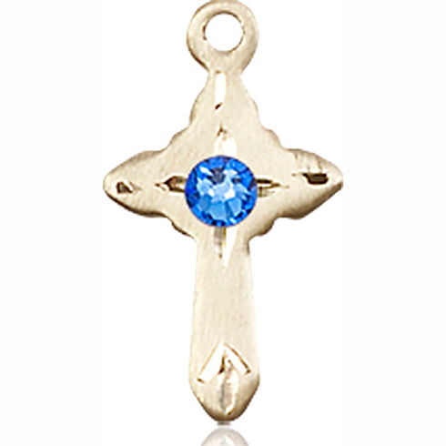 14kt Yellow Gold 5/8in Cross Pendant with 3mm Sapphire Bead