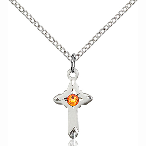 Sterling Silver 5/8in Cross Pendant with 3mm Topaz Bead & 18in Chain