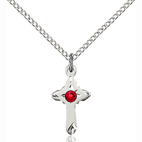 Sterling Silver 5/8in Cross Pendant with 3mm Ruby Bead & 18in Chain