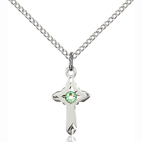 Sterling Silver 5/8in Cross Pendant with 3mm Peridot Bead & 18in Chain