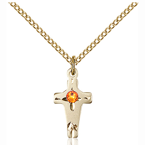 Gold Filled 5/8in Cross Pendant with 3mm Topaz Bead & 18in Chain