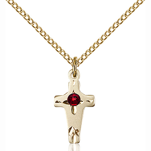 Gold Filled 5/8in Cross Pendant with 3mm Garnet Bead & 18in Chain