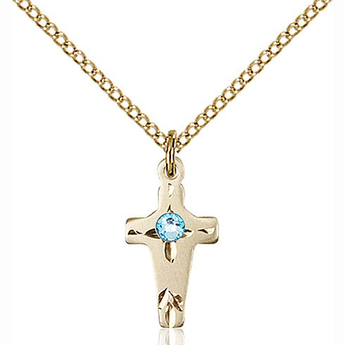 Gold Filled 5/8in Cross Pendant with 3mm Aqua Bead & 18in Chain