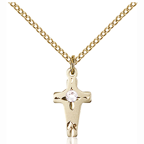 Gold Filled 5/8in Cross Pendant with 3mm Crystal Bead & 18in Chain