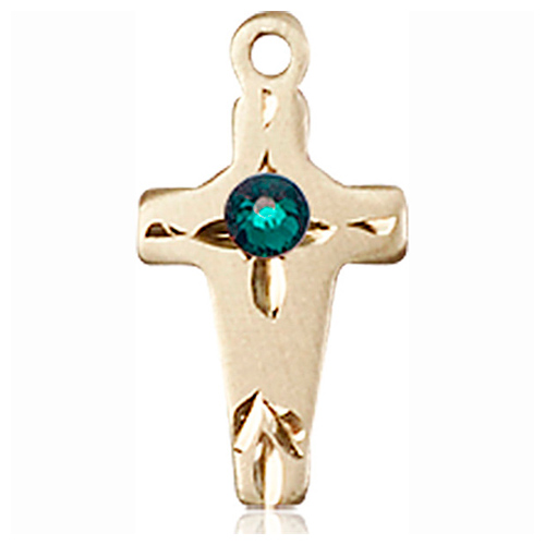 14kt Yellow Gold 5/8in Cross Pendant with 3mm Emerald Bead