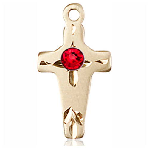 14kt Yellow Gold 5/8in Cross Pendant with 3mm Ruby Bead