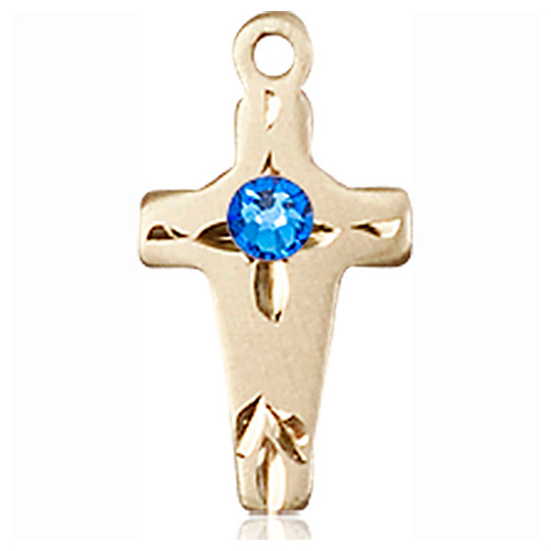 14kt Yellow Gold 5/8in Cross Pendant with 3mm Sapphire Bead