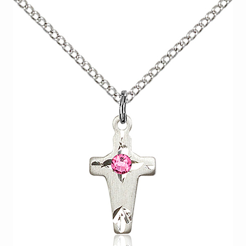 Sterling Silver 5/8in Cross Pendant with 3mm Rose Bead & 18in Chain