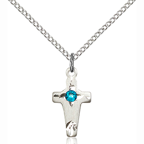 Sterling Silver 5/8in Cross Pendant with 3mm Zircon Bead & 18in Chain