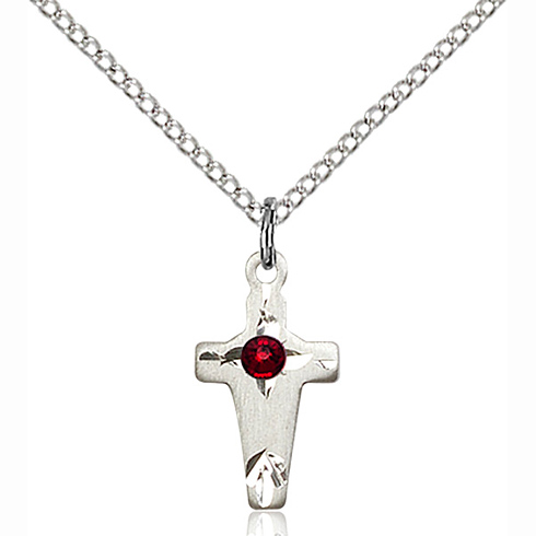 Sterling Silver 5/8in Cross Pendant with 3mm Garnet Bead & 18in Chain