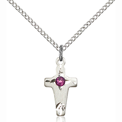Sterling Silver 5/8in Cross Pendant with Amethyst Bead & 18in Chain