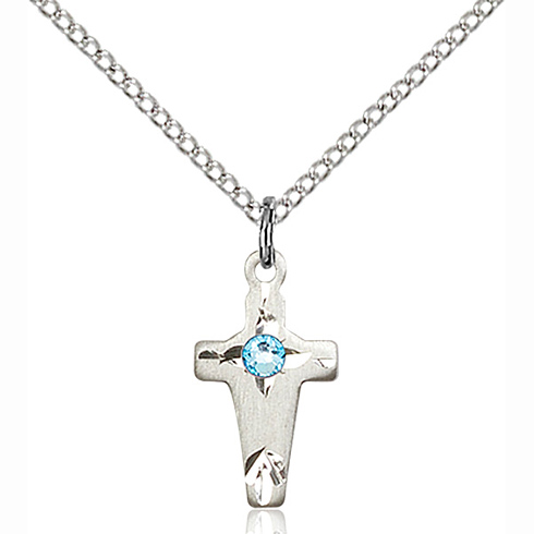 Sterling Silver 5/8in Cross Pendant with 3mm Aqua Bead & 18in Chain