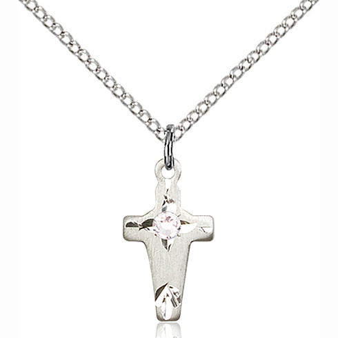 Sterling Silver 5/8in Cross Pendant with 3mm Crystal Bead & 18in Chain
