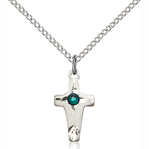 Sterling Silver 5/8in Cross Pendant with 3mm Emerald Bead & 18in Chain