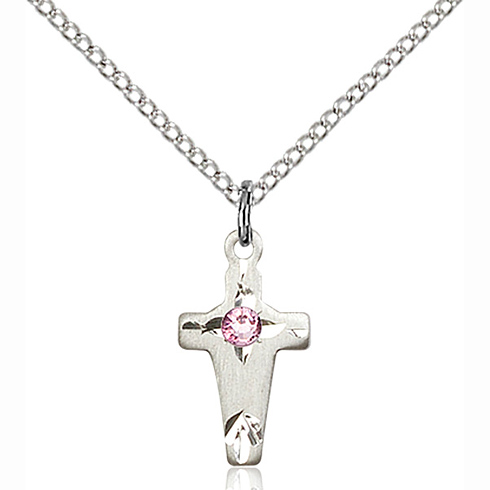 Sterling Silver 5/8in Cross with Light Amethyst Bead & 18in Chain