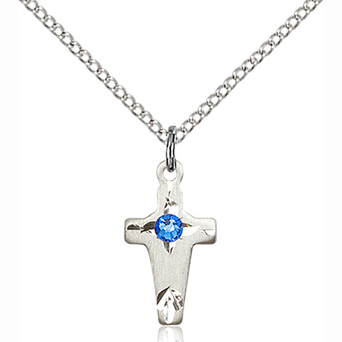 Sterling Silver 5/8in Cross Pendant with Sapphire Bead & 18in Chain