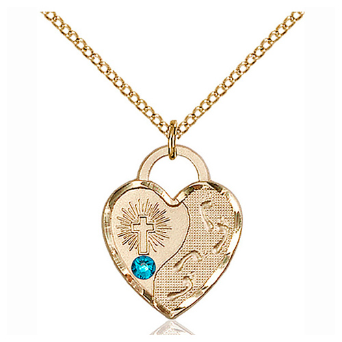 Gold Filled 3/4in Footprints Heart Pendant Zircon Bead & 18in Chain