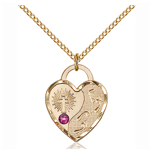 Gold Filled 3/4in Footprints Heart Pendant Amethyst Bead & 18in Chain