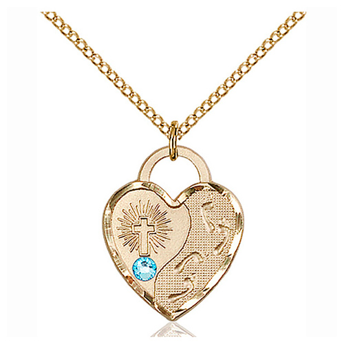 Gold Filled 3/4in Footprints Heart Pendant Aqua Bead & 18in Chain