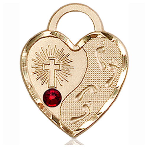 14kt Yellow Gold 3/4in Footprints Heart Pendant with 3mm Garnet Bead