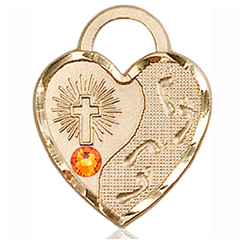 14kt Yellow Gold 3/4in Footprints Heart Pendant with 3mm Topaz Bead