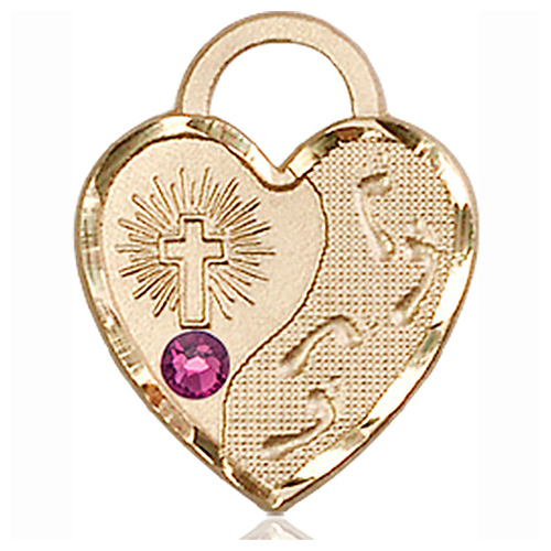 14kt Yellow Gold 3/4in Footprints Heart Pendant with 3mm Amethyst Bead