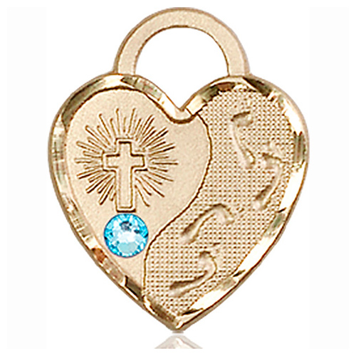 14kt Yellow Gold 3/4in Footprints Heart Pendant with 3mm Aqua Bead