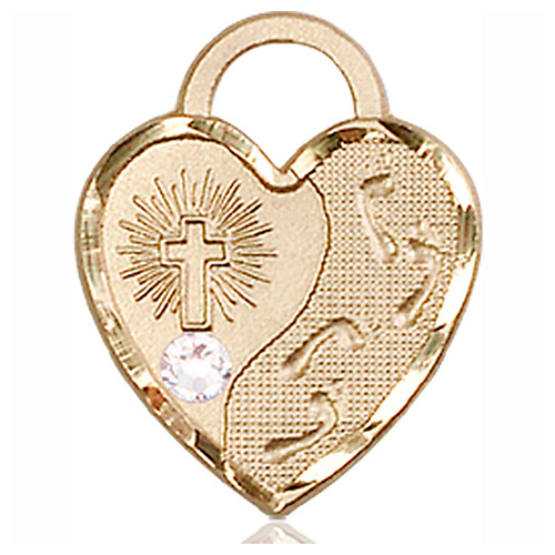 14kt Yellow Gold 3/4in Footprints Heart Pendant with 3mm Crystal Bead