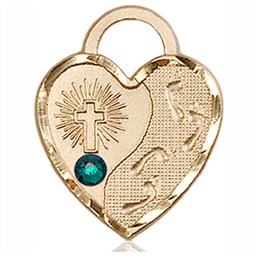 14kt Yellow Gold 3/4in Footprints Heart Pendant with 3mm Emerald Bead
