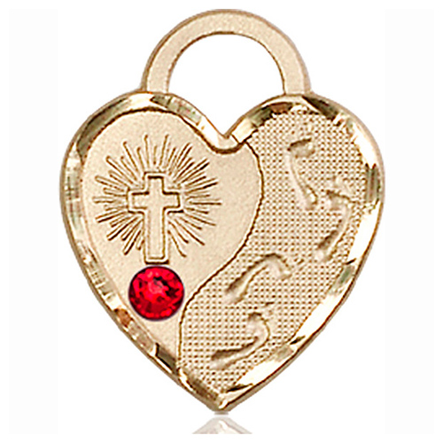 14kt Yellow Gold 3/4in Footprints Heart Pendant with 3mm Ruby Bead