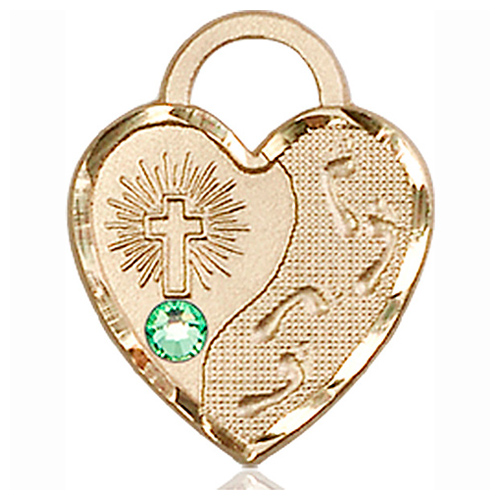14kt Yellow Gold 3/4in Footprints Heart Pendant with 3mm Peridot Bead