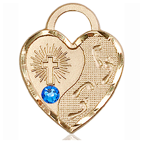 14kt Yellow Gold 3/4in Footprints Heart Pendant with 3mm Sapphire Bead
