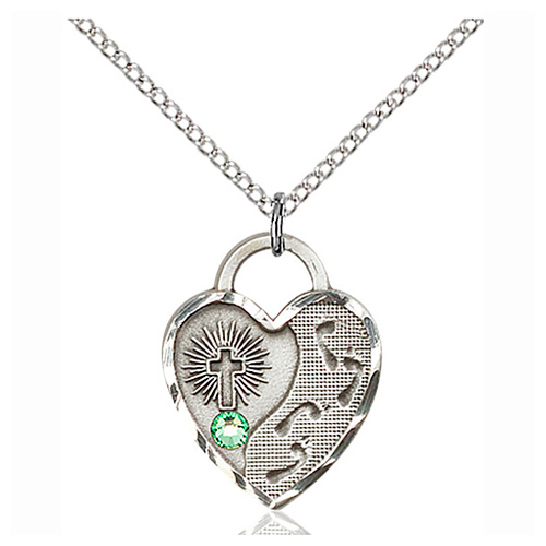 Sterling Silver 3/4in Footprints Heart Pendant Peridot Bead & Chain