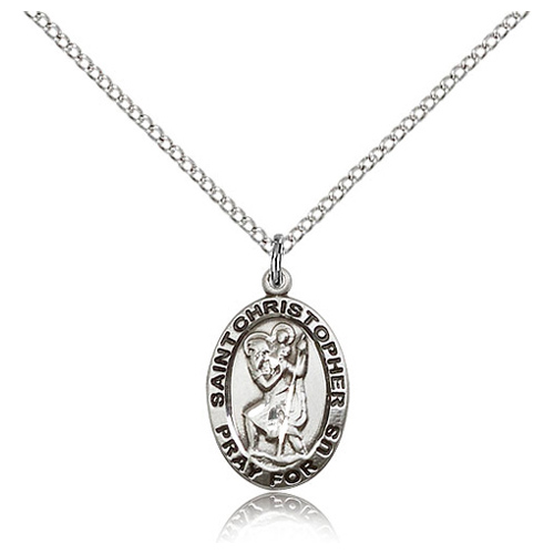 Sterling Silver 3/4in Antiqued St Christopher Medal & 18in Chain