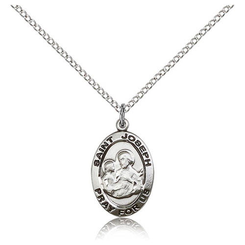 Sterling Silver 3/4in Antiqued St Joseph Medal & 18in Chain