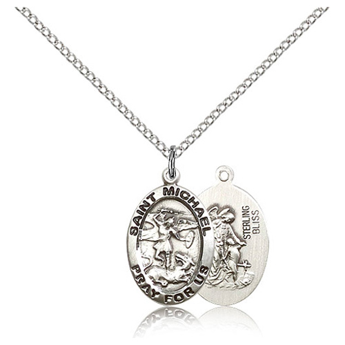 Sterling Silver 3/4in Antiqued St Michael Medal & 18in Chain