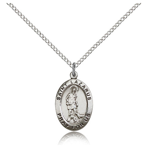 Sterling Silver 3/4in St Lazarus Medal & 18in Chain