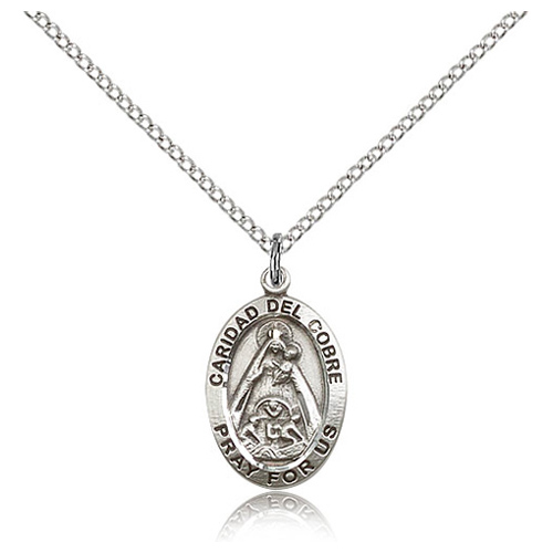 Sterling Silver 3/4in St Caridad del Cobre Medal & 18in Chain