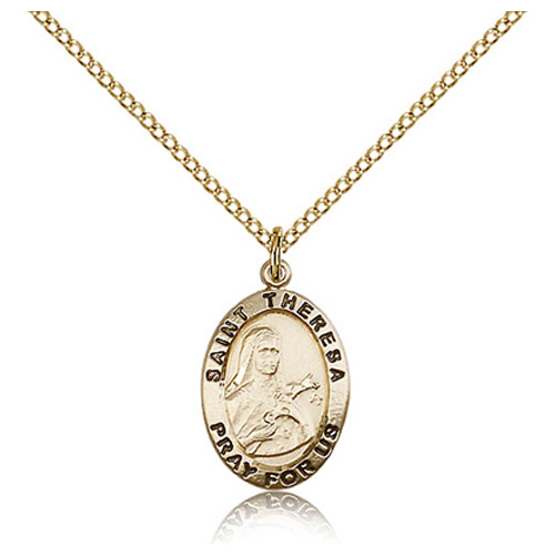 Gold Filled 3/4in Antiqued St Theresa Medal & 18in Chain