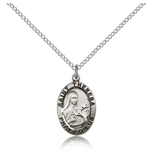 Sterling Silver 3/4in Antiqued St Theresa Medal & 18in Chain