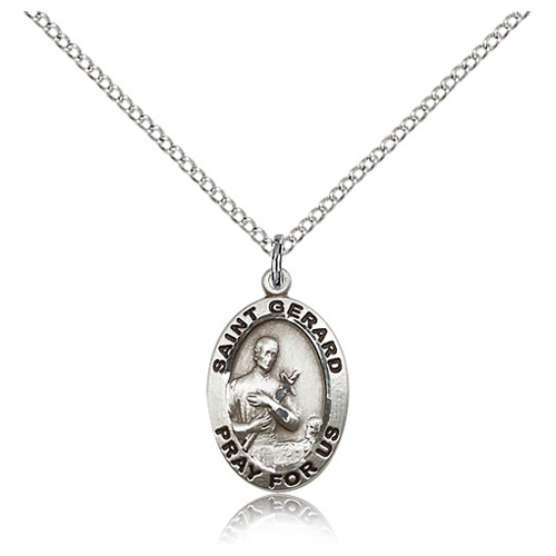 Sterling Silver 3/4in Antiqued St Gerard Medal & 18in Chain