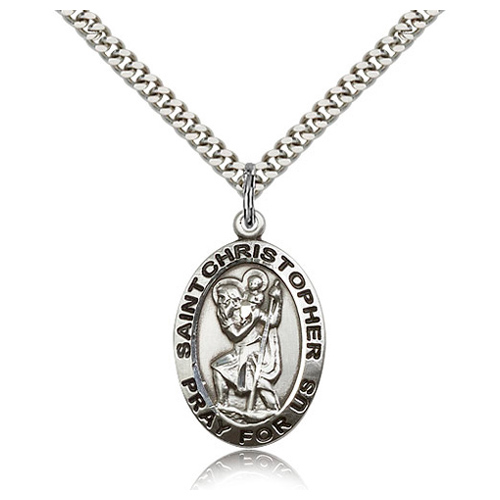 Sterling Silver 1in Oval Antiqued St Christopher Medal & 24in Chain